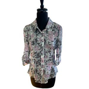 Tom K Nguyen Silk Blend Pink & Gray Roses Button down Size 8